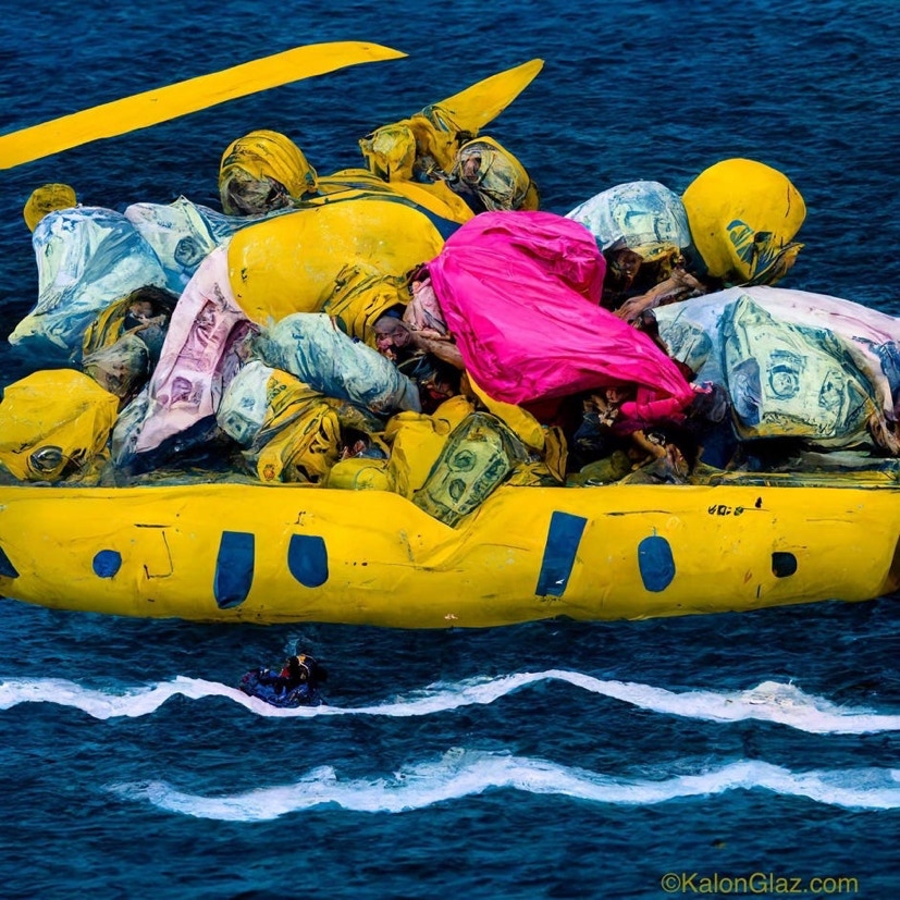 L'argent plus de valeur qu'une vie ! monde de merde ! migrants en méditerranée meurent sur des bateaux gonflables arrosés par de l'argent qui tombe du ciel 